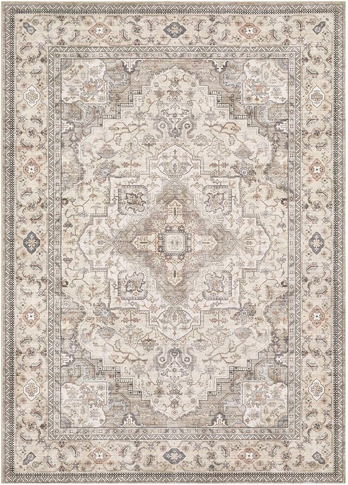 Washable Area Rugs for Living Room - 8x10 Neutral Vintage Distressed Floral Farmhouse Boho Large Soft Floor Rug Indoor Non Slip Carpet for Bedroom Dining Room Office - Brown/Multi-Ruum Studio Home