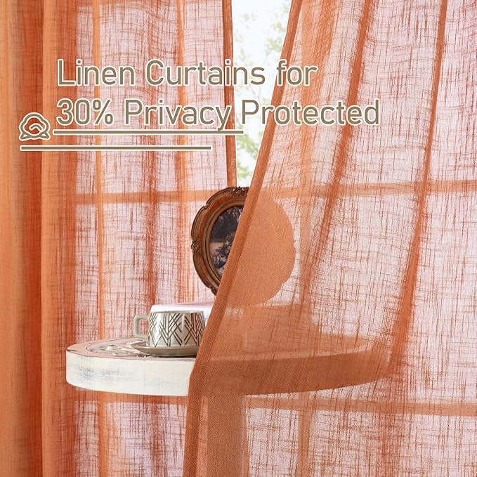 LAMIT Burnt Orange Linen Curtains 40 Inches Long for Windows, Bronze Grommet Semi Sheer Privacy Panels Light Filtering Boho Farmhouse Neutral Drapes for Bedroom/Living Room, 34 x 40 Inch, 2 Panels-Ruum Studio Home