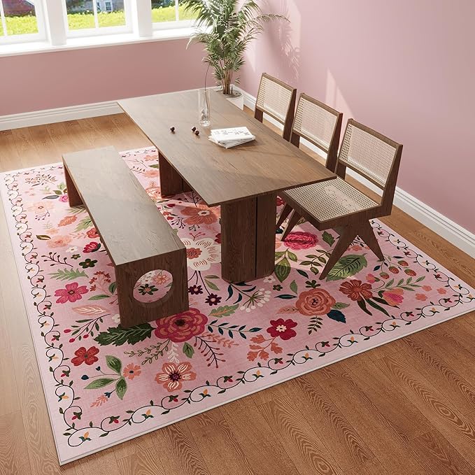 Area Rugs 8x10 Rug for Living Room Clearance Washable Boho Area Rug Non Slip Floral Vintage Low Pile Large Rug for Living Room, Bedroom, Farmhouse, Dining Room, Kids Playroom(Pink)-Ruum Studio Home