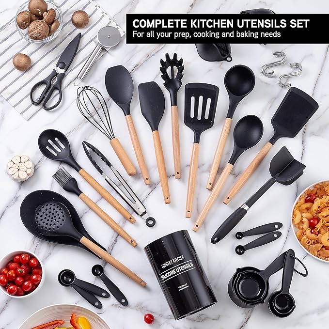 Country Kitchen Non Stick Silicone Utensil Set with Rounded Wood Handles for Cooking and Baking, 38 Piece Set, Black-Ruum Studio Home