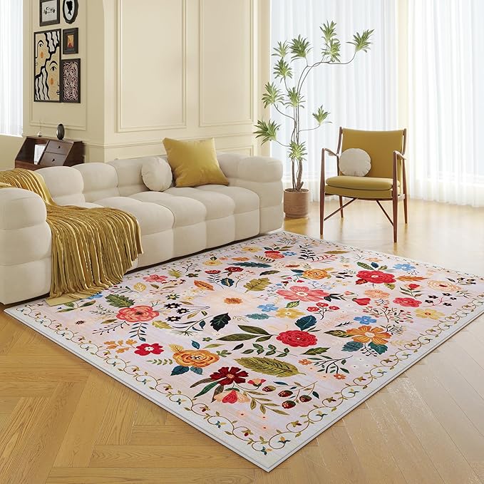 Living Room Rug 5x7 Rug Machine Washable Boho Area Rug Non Slip Floral Vintage Low Pile Large Rugs for Living Room, Bedroom, Farmhouse, Dining Room, Kids Playroom(Beige)-Ruum Studio Home