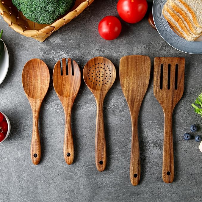 5 Piece Wooden Spoons for Cooking - Natural Finish Wooden Cooking Utensils - Soft Grip Wood Spoons - Non-Stick Wooden Spoons-Ruum Studio Home