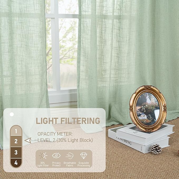 LAMIT Fresh Green Linen Sheer Curtains 45 inch for Kitchen, Soft Thick Light Filtering Boho Decor Neutral Drapes with Bronze Grommet for Basement/Window, 2 Panels, 34 x 45 Inch-Ruum Studio Home