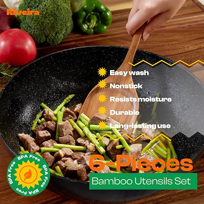 Riveira Brown Bamboo Wooden Spoons for Cooking Set of 6 – Natural Brown Bamboo Wooden Cooking Utensils, Wooden Spatula, Wooden Spoon - Premium Quality Wooden Utensil Set for Non-Toxic Cooking-Ruum Studio Home