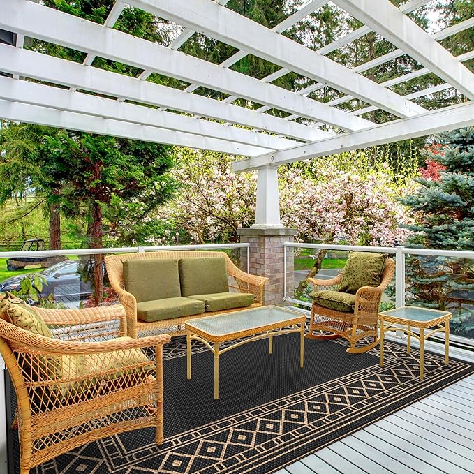 GENIMO Outdoor Rug 5'x8' Waterproof for Patio, Reversible Outdoor Plastic Straw Rug Carpet, Camping Mats for Outdoor Decor, RV, Backyard, Deck, Balcony, Picnic, Black & Brown-Ruum Studio Home
