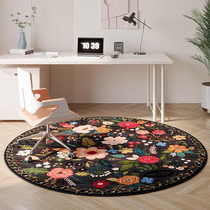 Round Rug 6ft Washable Circle Rug Non Slip Low Pile Boho Floral Small Circular Rug for Bedroom, Bathroom, Entryway, Kids Room, Office, College Dorm(Black)-Ruum Studio Home