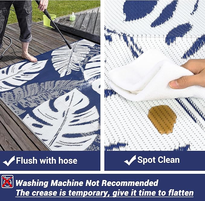 GAOMON Large Outdoor Plastic Rug 10x14 Waterproof Straw Rug Reversible Foldable Camping Mat with Stakes & Bag, Modern Tropical Leaf Farmhouse Outside Carpet for Patio RV Garden Deck, Blue-Ruum Studio Home