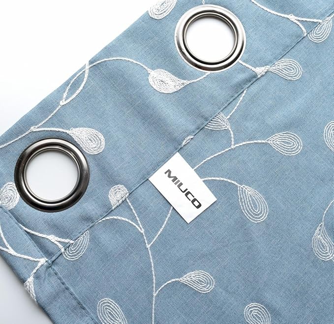 MIUCO Floral Embroidered Semi Sheer Curtains Faux Linen Grommet Curtain Set for Bedroom 52 x 95 Inch, Dusty Blue-Ruum Studio Home