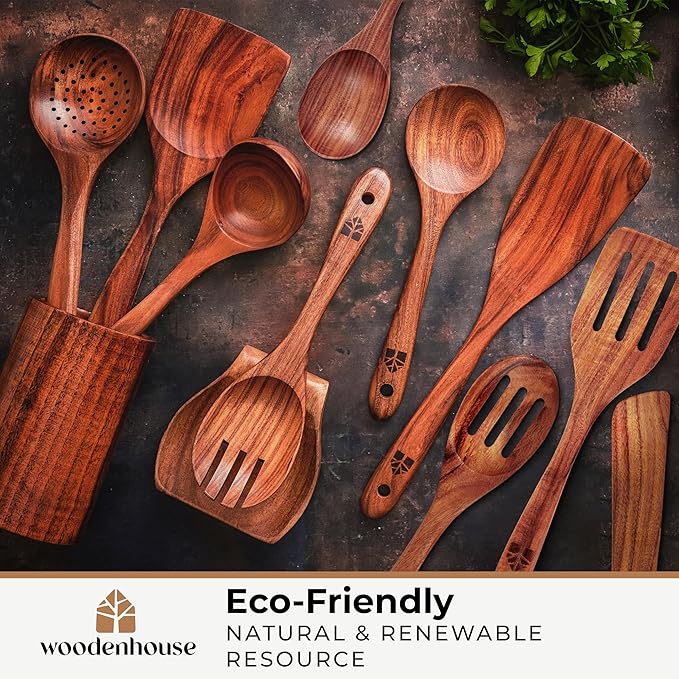Wooden Spoons for Cooking – Wooden Cooking Utensils Set with Holder, Spoon Rest & Hooks, Teak Wood Nonstick Kitchen Cookware – Durable Set of 12pcs by Woodenhouse-Ruum Studio Home