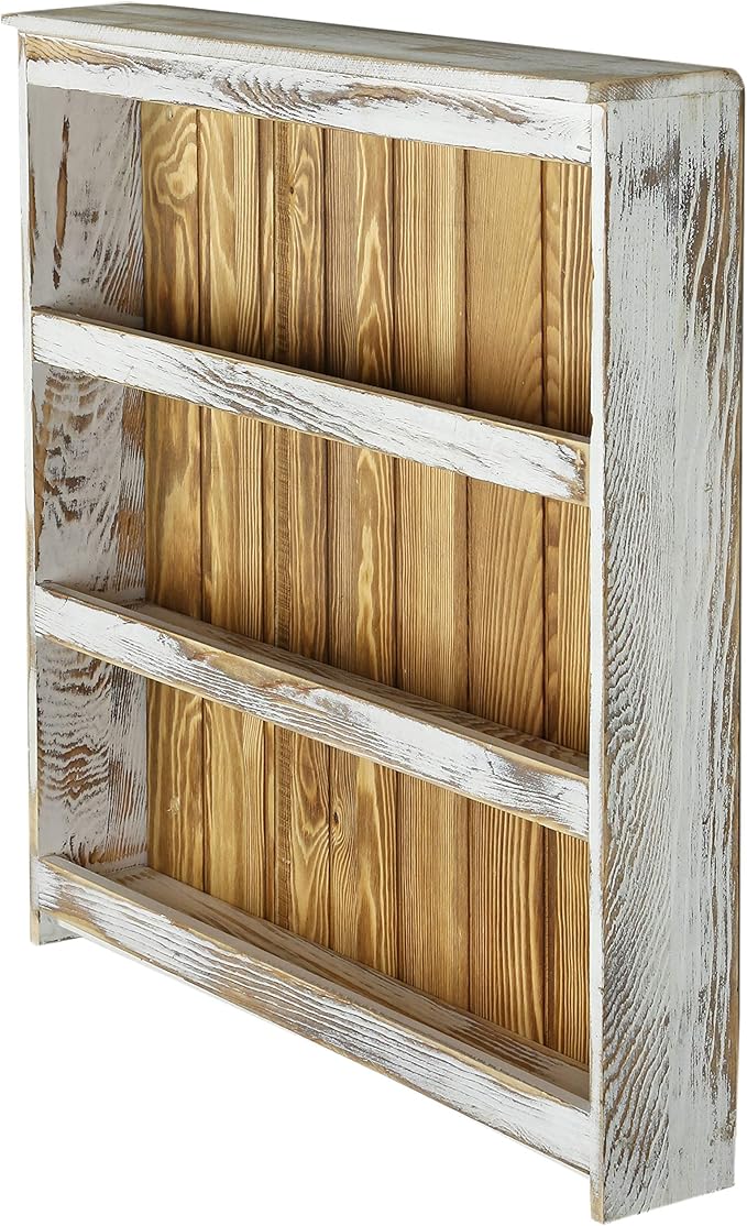 MyGift 3 Tier Wall Mounted Spice Rack, Shabby White Washed and Rustic Natural Burnt Solid Wood Kitchen Pantry Storage Shelf for Seasoning Jars or Condiment Bottles-Ruum Studio Home
