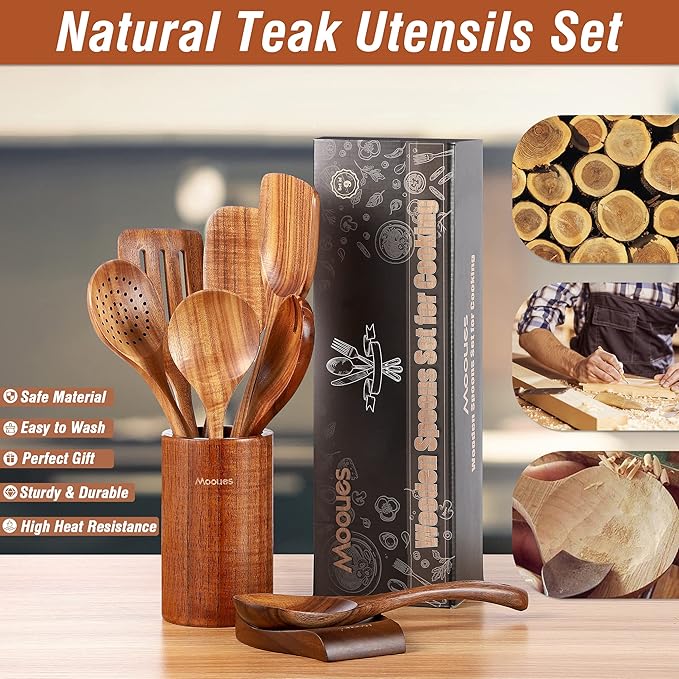 9 Piece Natural Teak Wooden Kitchen Utensil Set with Spoon Rest - Comfort Grip Cooking Spoons and Utensils Holder-Ruum Studio Home