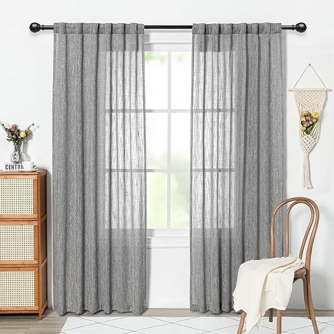 MYSKY HOME Living Room Curtains 2 Panels Boho Semi Sheers Long Drapes Light Filtering for Bedroom Windows, Linen Look Texture Soft Cotton Blend Fabric, 50" Wide x 90" Long, Dark Grey, 2 Panels-Ruum Studio Home