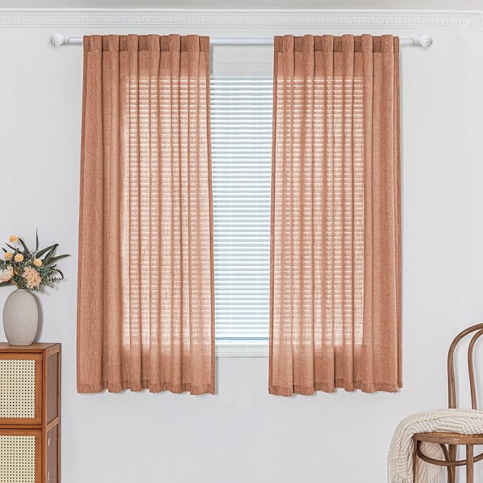 MYSKY HOME Orange Curtains for Bedroom, Short Curtains for Small Window, Boho Semi Sheer 2 Panel Set, Linen Style Texture for Closet/Kitchen, 50"x63", Burnt Orange-Ruum Studio Home