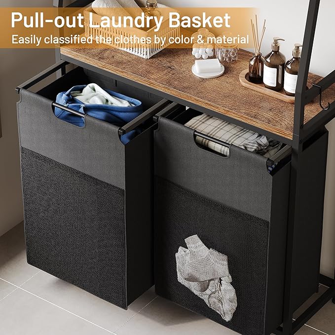 Lulive Double Laundry Hamper with Shelf, Laundry Basket with 3 Tier Storage Shelves & 4 Removable Hooks, Tall Laundry Sorter Clothes Hamper with Pull-Out Bags for Bathroom, Laundry Room-Ruum Studio Home