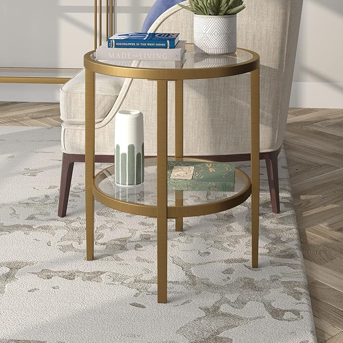 Henn&Hart 20" Wide Round Side Table with Glass Shelf in Antique Brass, Table for Living Room, Bedroom-Ruum Studio Home