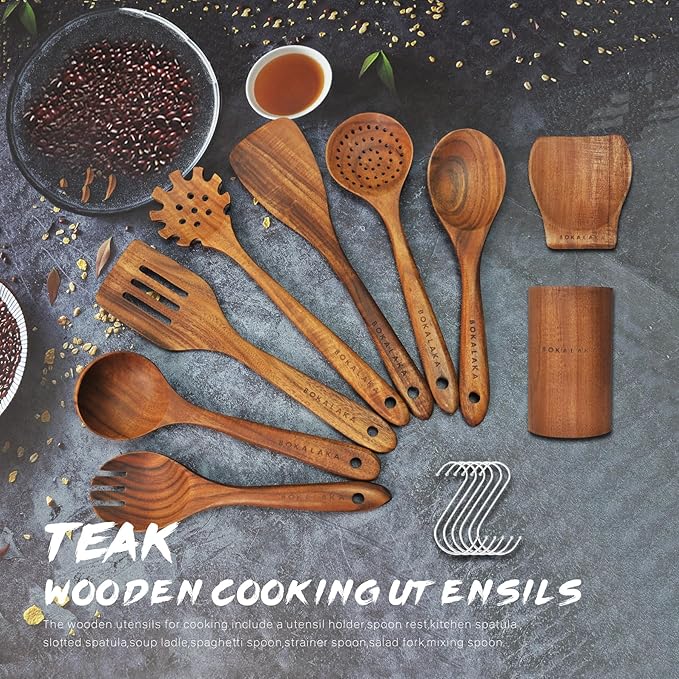 Teak Wooden Spoons for Cooking - 9 Pcs Comfort Grip Kitchen Utensil Set with Holder & Rest-Ruum Studio Home