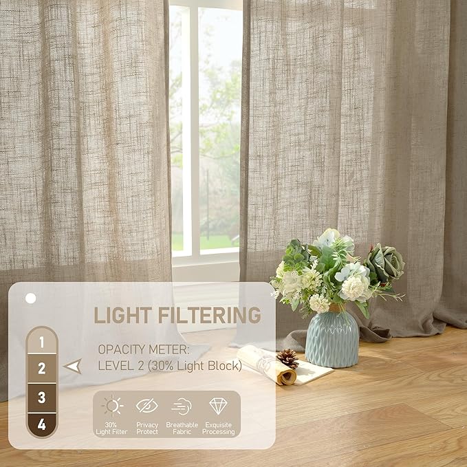 LAMIT Linen Curtains 63 Inch Length 2 Panels for Bedroom, Semi Sheer Drapes Light Filtering Neutral Window Treatments with Bronze Grommet for Living Room Rustic Country Decor, Taupe, 52 X 63 Inch-Ruum Studio Home