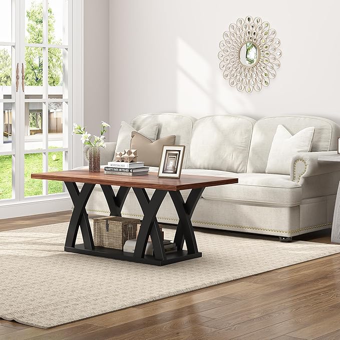 47” Wood Coffee Tables for Living Room Rustic Stands with Storage Shelf Black Blown Coffee Tables for Living Room Farmhouse Center Stands with Shelf. Farmhouse Rectangle Center Table-Ruum Studio Home