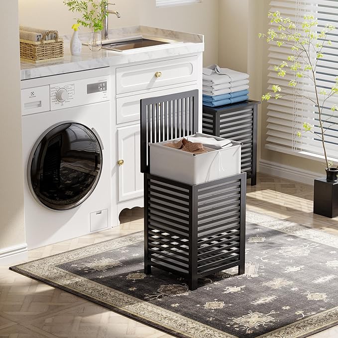 SMIBUY Double Laundry Hamper with Lid, 120L Bamboo Laundry Basket with Removable Liner Bag, 2-Section Clothes Divider Laundry Sorter for Laundry Room, Bathroom, Bedroom (Black)-Ruum Studio Home