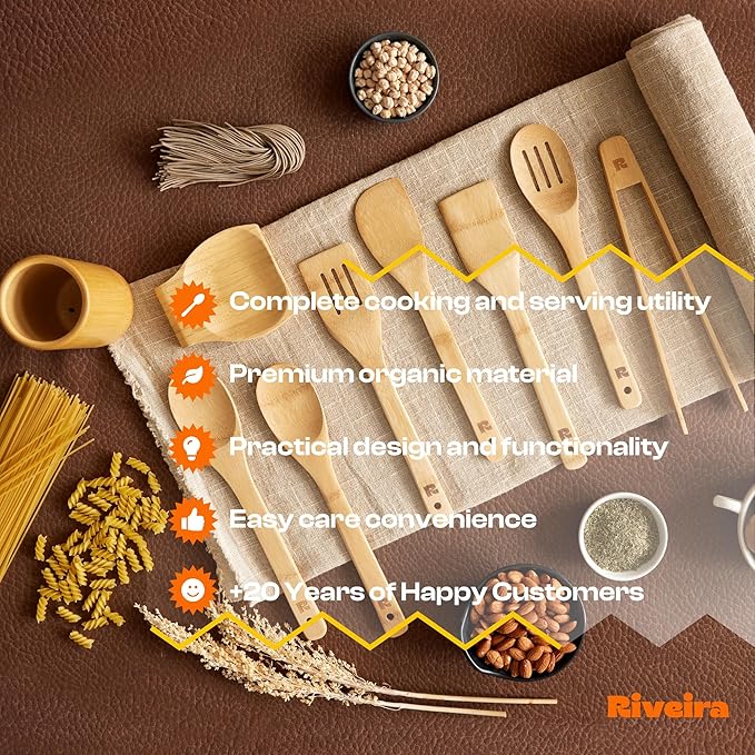 Riveira Bamboo Wooden Spoons for Cooking 9-Piece with Holder, Apartment Essentials Wood Spatula Spoon Nonstick Kitchen Utensil Set Premium Quality Housewarming Gifts for Everyday Use-Ruum Studio Home