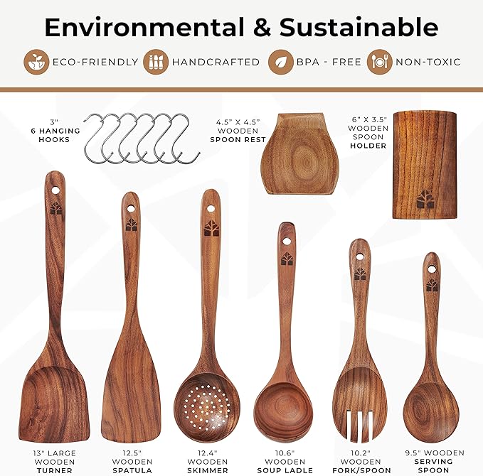 8 Pcs Teak Wooden Utensil Set with Holder, Spoon Rest & 6 Hooks - Durable Wooden Spoons for Cooking with Comfort Grip - Effortless Clean, Non-Stick Friendly-Ruum Studio Home