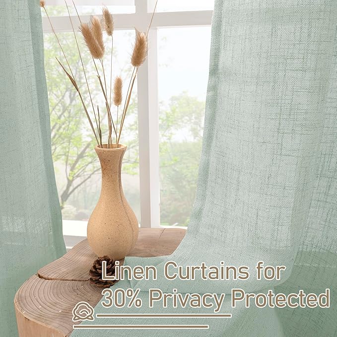 LAMIT Light Sage Linen Curtains 45 Inches Long for Bedroom, Semi Sheer Light Filtering Panels Bronze Grommet Neutral Drapes for Kitchen/Window/Bedroom, 2 Panels Set, 52 x 45 Inch-Ruum Studio Home