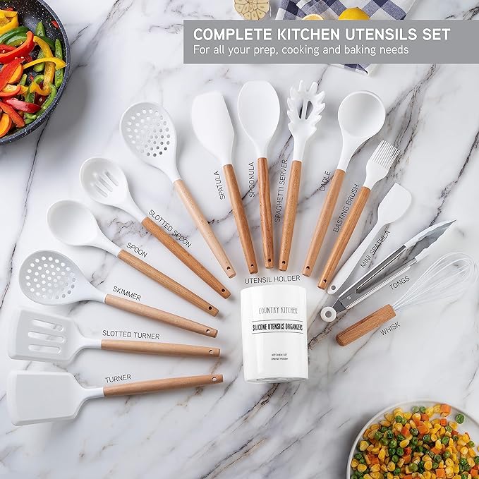 Country Kitchen Non Stick Silicone Utensil Set with Rounded Wood Handles for Cooking and Baking, 14 Piece Set, White-Ruum Studio Home