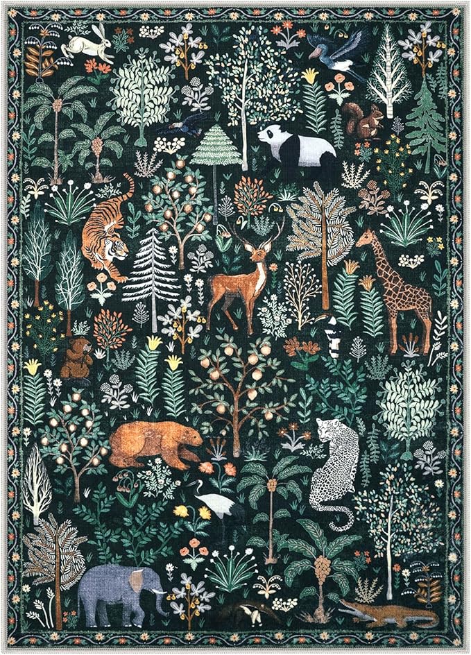 OJIA Jungle Print 9x12 Area Rugs for Living Room, Green Soft Bedroom Rug Washable Rugs 9x12, Modern Dining Room Rug Stain Resistant Ultra-Thin Floor Carpet for Playroom Kids Room Nursery-Ruum Studio Home