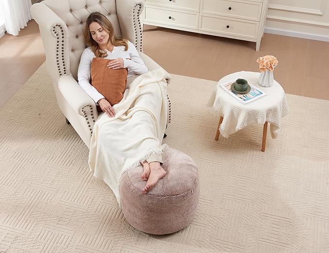 Round Pouf Ottoman 20"x15" Bean Bag Ottoman Soft Top Comfortable Small Foot Stool Foot Rest Pouf Brown Tall Footstool Ottomans Round Hassock Fluffy Boho Furniture Small Ottomans for Living Room-Ruum Studio Home