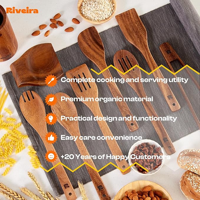 Riveira Walnut Wooden Spoons for Cooking Set of 9 – Natural Walnut Wooden Cooking Utensils, Spatula, Spoon - Premium Quality Utensil Set for Non-Toxic Cooking-Ruum Studio Home