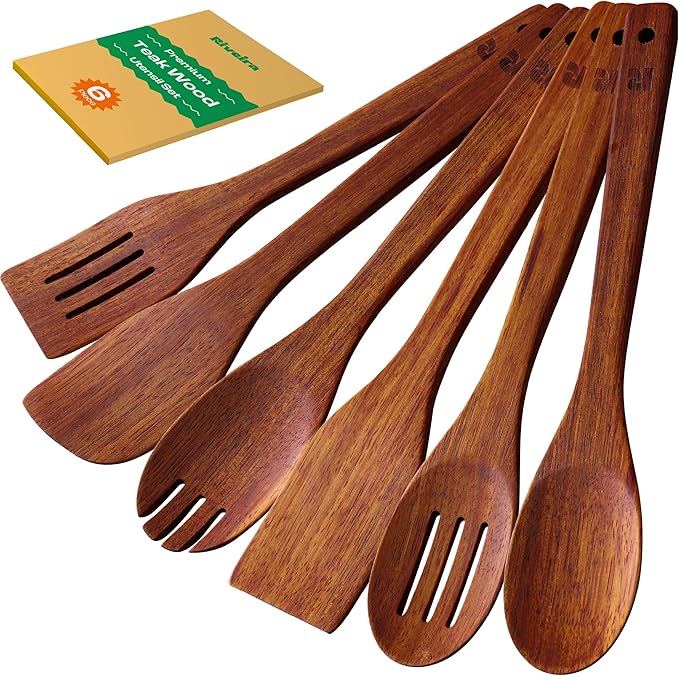 Riveira Teak Wooden Spoons for Cooking Set of 6 – Natural Teak Wooden Cooking Utensils, Wooden Spatula, Wooden Spoon - Premium Quality Wooden Utensil Set for Non-Toxic Cooking-Ruum Studio Home