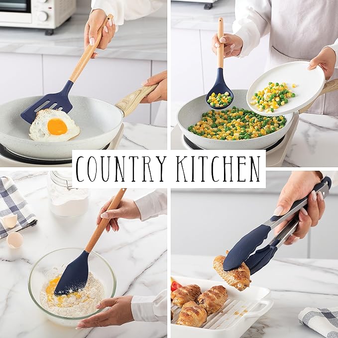 Country Kitchen Non Stick Silicone Utensil Set with Rounded Wood Handles for Cooking and Baking, 38 Piece Set, Navy-Ruum Studio Home