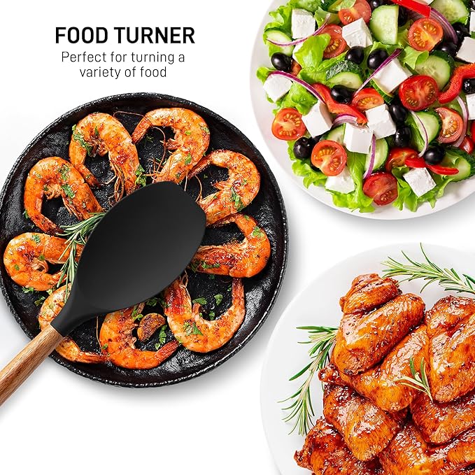Zulay Kitchen Non-Stick Cooking Utensils Set with Authentic Acacia Wood Handles – 5-Piece Durable & Stylish Silicone Kitchen Utensils Set – Heat Resistant to 464°F – Black-Ruum Studio Home