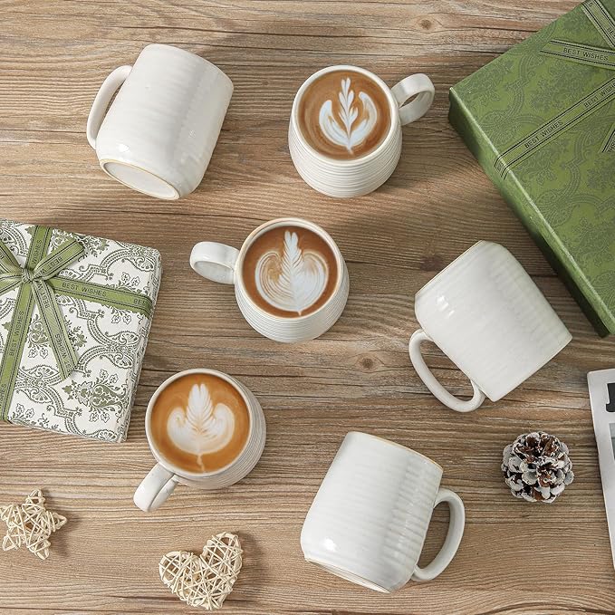 Hasense Coffee Mugs Set of 6, Ceramic Coffee Cups with Handle for Home Office, 12 Ounce Tea Cup for Coffee, Latte, Hot Cocoa, Dishwasher and Microwave Safe, Clay-Infused White-Ruum Studio Home