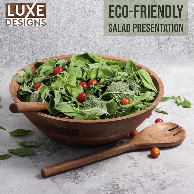Luxe Designs Wooden Salad Bowl Set - Food Safe & Sustainable Decorative Bowl - Wood Bowl for Fruits, & Salads - Easy to Clean Large Salad Bowls Set w/Spoon, Fork – Wooden Bowls for Food (Natural)-Ruum Studio Home