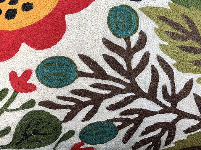 Lumbar Cream Suzani Cushions - Boho Floral Throw Pillows | Outdoor Pillows & Chair Cushions - Hand Embroidered Wool Size - 14x20-Ruum Studio Home