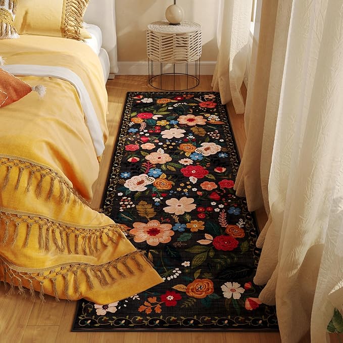 Runner Rug for Hallways Kitchen Rug Non Slip 2'x 6' Washable Runner Rugs with Rubber Backing Soft Floral Carpet Runner for Hallways, Kitchen, Laundry, Bedroom, Bathroom(Black)-Ruum Studio Home