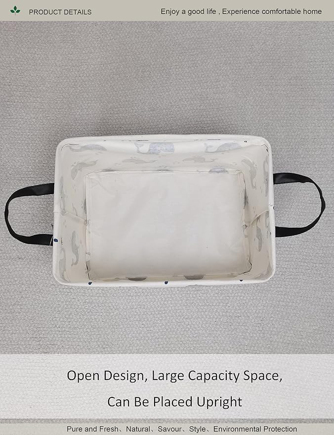 Rectangular Folding Laundry Basket,Canvas Basket,Nersury Hamper,Suitable for Children,Office,Bedroom,Clothes,Toys Storage (REC whale), 14.9’’L ×10.2’’W×9.05’’H inches-Ruum Studio Home