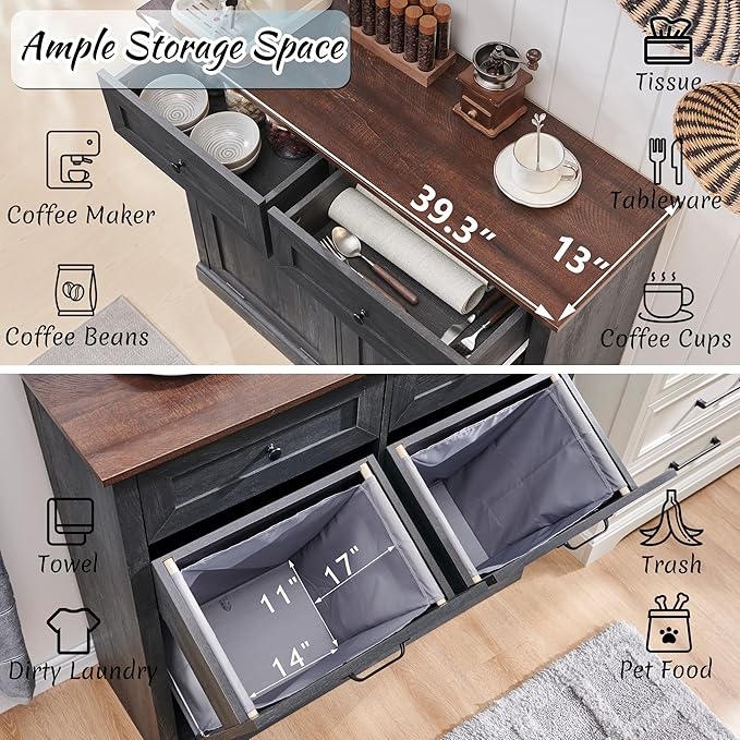 Double Tilt Out Laundry Hamper Cabinet, 20 Gallon Farmhouse Trash Can Cabinet with Drawer, Hidden Wood Garbage Can Bin Cabinet with Laundry Storage Basket for Bathroom, Kitchen, Dark Grey-Ruum Studio Home