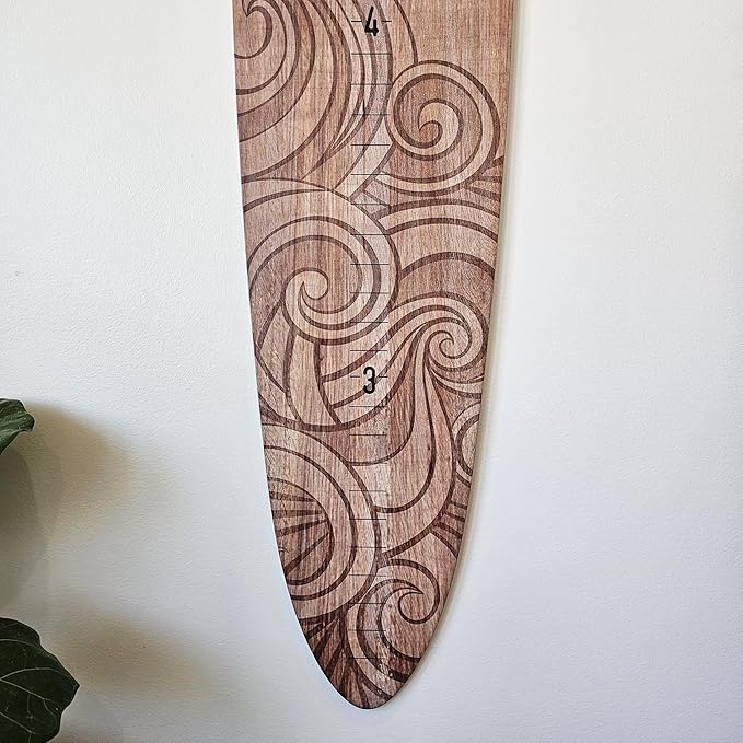 Wooden Surfboard Wall Decor Growth Chart - Surfboard Art Decor for Kids Room, Wood Surfboard Kids Sizing Chart, Surf Boards Art, Height Board Surfer Decor - Brown Wave (9.5"x 46")-Ruum Studio Home