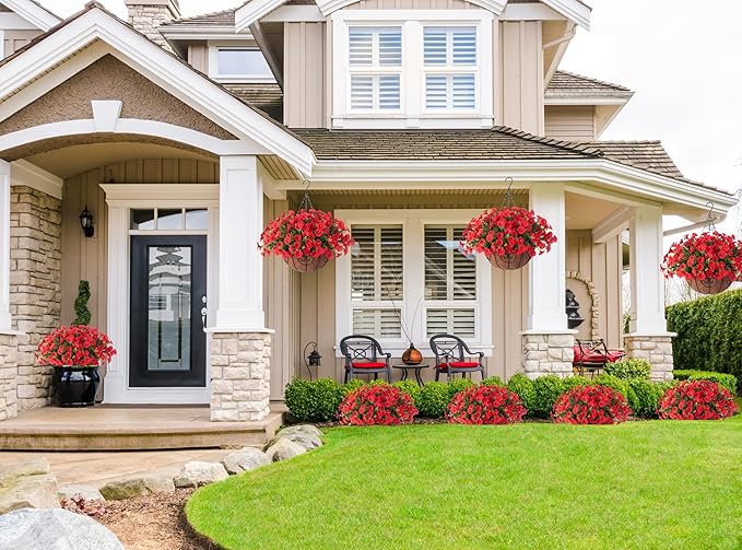 Ivydale Artificial Faux Hanging Flowers Plants Baskets for Outdoors Outside Spring Decoration, Fake Silk Red Morning Glory UV Resistant Look Real for Front Door Porch Patio Balcony Yard Garden Home-Ruum Studio Home
