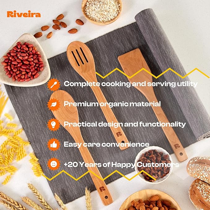 Riveira Cherry Wooden Spoons for Cooking Set of 3 – Natural Cherry Wooden Cooking Utensils, Wooden Spatula, Wooden Spoon - Premium Quality Wooden Utensil Set for Non-Toxic Cooking-Ruum Studio Home