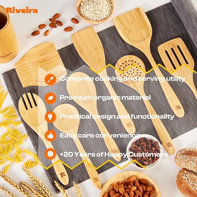 Riveira Natural Bamboo Wooden Cooking Utensils Set of 9 Premium Quality Non-Toxic Wooden Spoons and Spatulas for Cooking-Ruum Studio Home