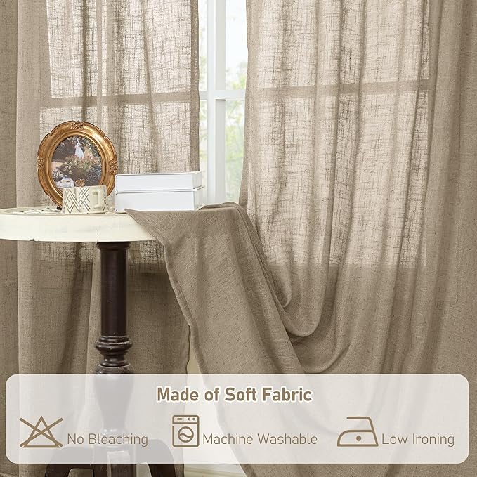 LAMIT Linen Curtains 63 Inch Length 2 Panels for Bedroom, Semi Sheer Drapes Light Filtering Neutral Window Treatments with Bronze Grommet for Living Room Rustic Country Decor, Taupe, 52 X 63 Inch-Ruum Studio Home