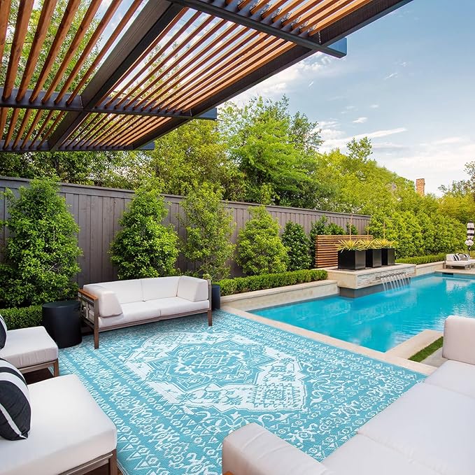 GAOMON Outdoor Rugs 8x10 Waterproof Reversible Outdoor Plastic Straw Rug, Large Patio Rugs UV-Resistant Portable RV Camping Mats, Vintage Boho Carpet for Deck Porch Garden, Light Blue & White-Ruum Studio Home