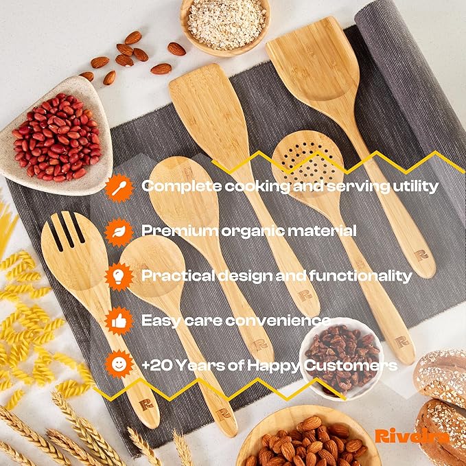 Riveira Brown Bamboo Wooden Spoons for Cooking Set of 6 – Natural Brown Bamboo Wooden Cooking Utensils, Wooden Spatula, Wooden Spoon - Premium Quality Wooden Utensil Set for Non-Toxic Cooking-Ruum Studio Home