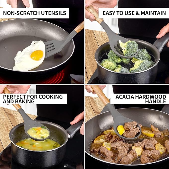 Zulay Kitchen Utensils Set Non-Stick Silicone Cooking Utensils Set with Authentic Acacia Wood Handles - 5 Piece Silicone Utensil Set - Kitchen Utensils Set with 464°F Heat Resistance - Gray-Ruum Studio Home