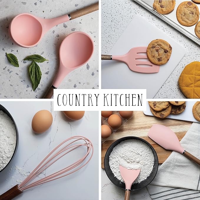 Country Kitchen Non Stick Silicone Utensil Set with Rounded Wood Handles for Cooking and Baking, 8 Piece Set, Pink-Ruum Studio Home