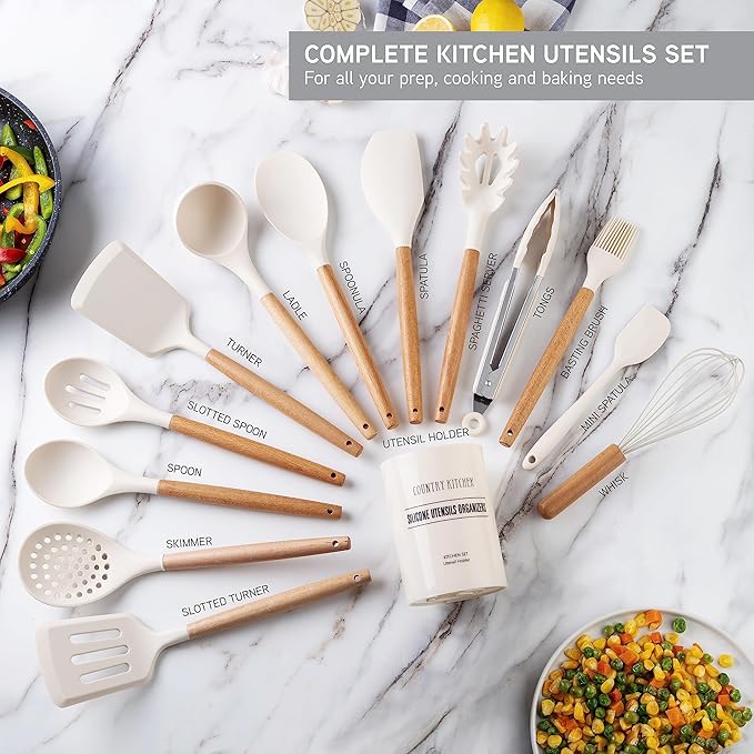 Country Kitchen Non Stick Silicone Utensil Set with Rounded Wood Handles for Cooking and Baking, 14 Piece Set, Khaki-Ruum Studio Home