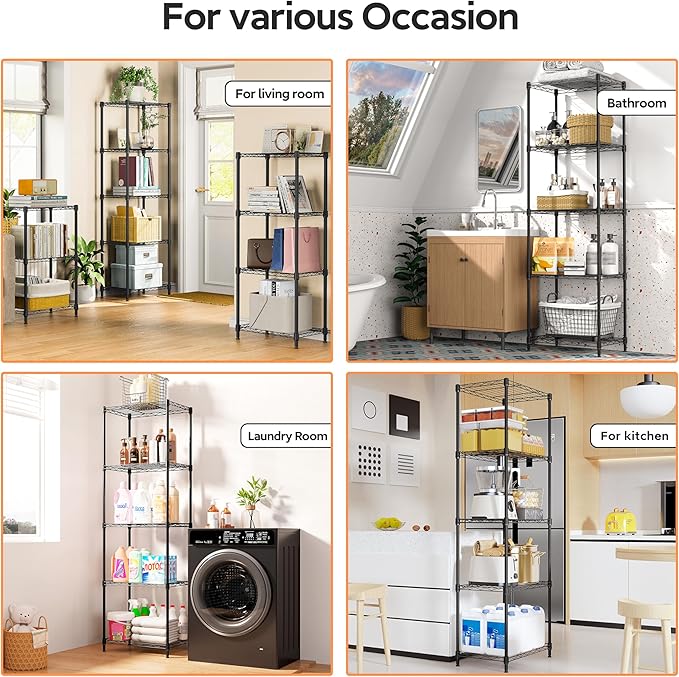 5 Tiers Shelf Metal Storage Shelves Wire Rack Closet Organizers with Wheel for Garage Kitchen Bathroom Laundry Black 11.8" D x 17.7" W x 55" H-Ruum Studio Home